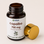 Aceite Copaiba Caps — el envase abierto, con la tapa al costado