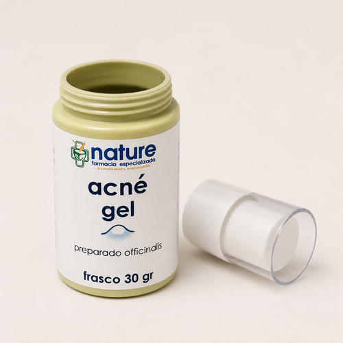 Acné Gel — el envase abierto, con la tapa al costado