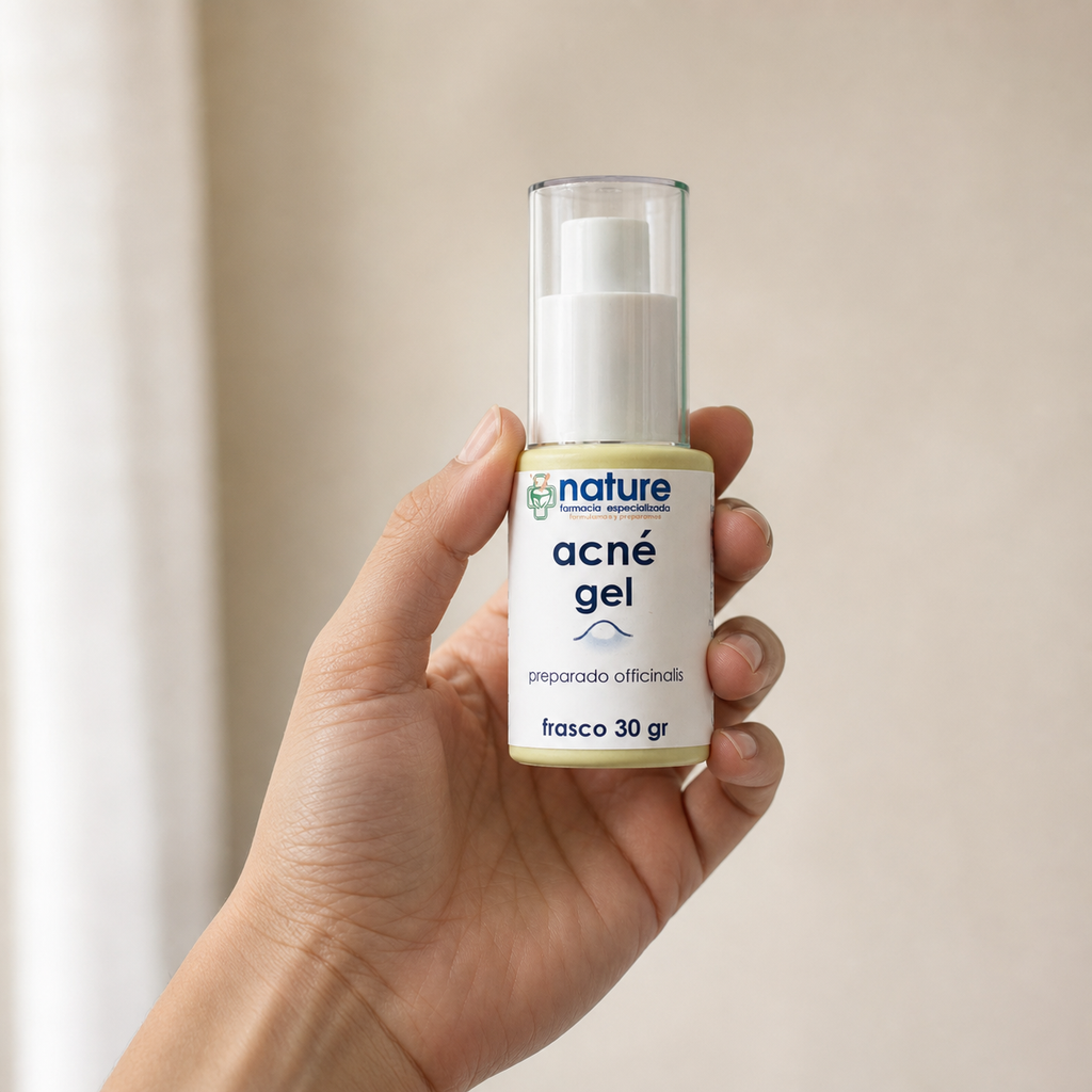Acné Gel — el envase sostenido en una mano, para ver su tamaño real