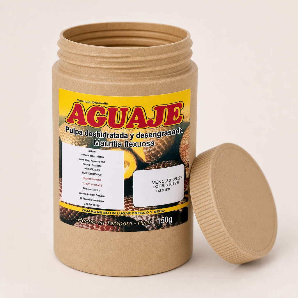 Aguaje – Mauritia flexuosa — el envase abierto, con la tapa al costado
