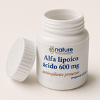 Alfa lipoico ácido 600 mg — el envase abierto, con la tapa al costado