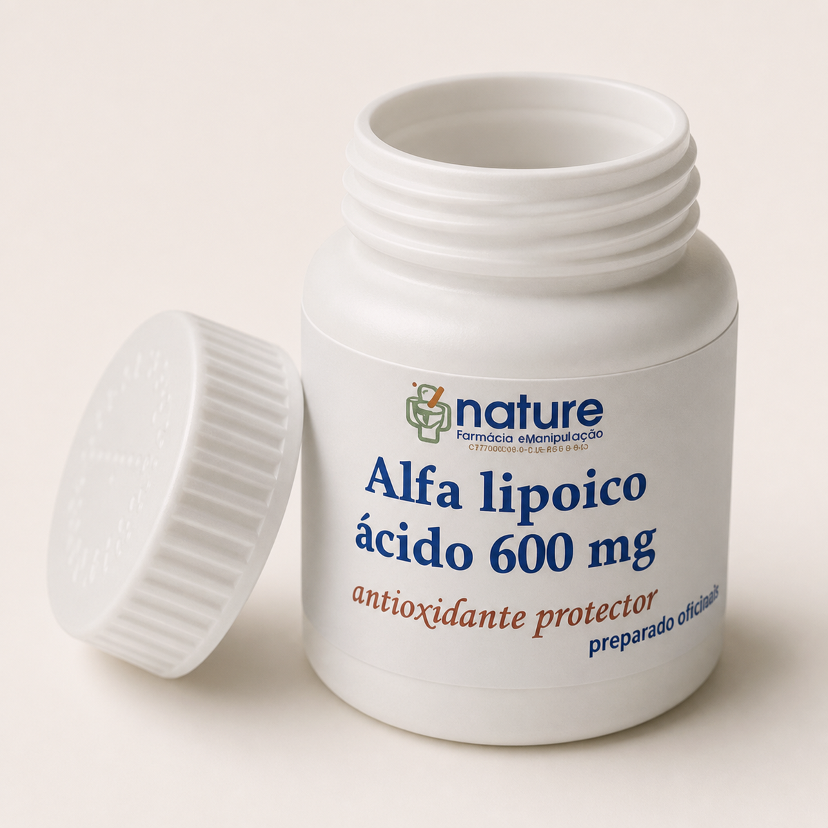 Alfa lipoico ácido 600 mg — el envase abierto, con la tapa al costado