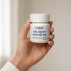 Alfa lipoico ácido 600 mg — el envase sostenido en una mano, para ver su tamaño real