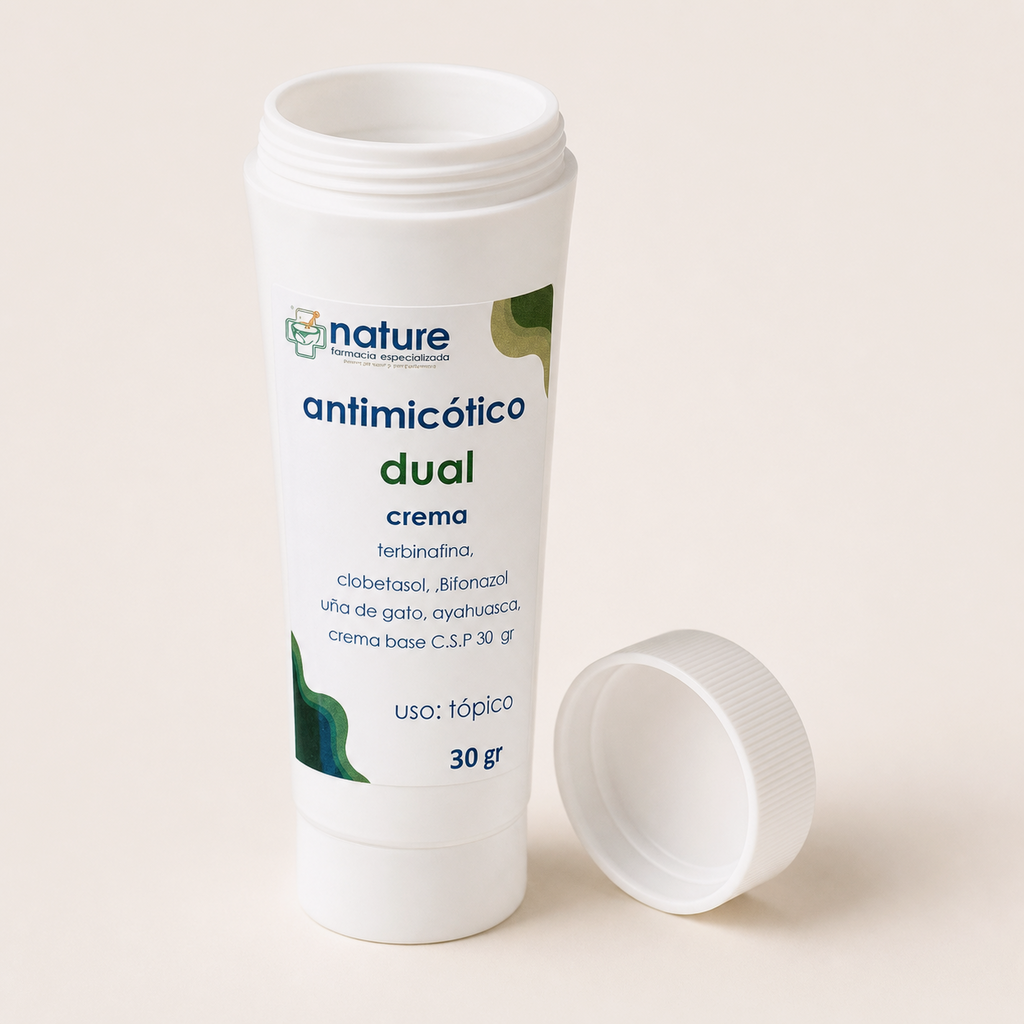 Antimicótico Dual – Crema — el envase abierto, con la tapa al costado