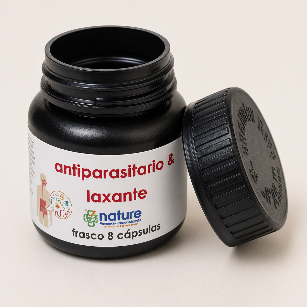 Antiparasitario/Laxante — el envase abierto, con la tapa al costado