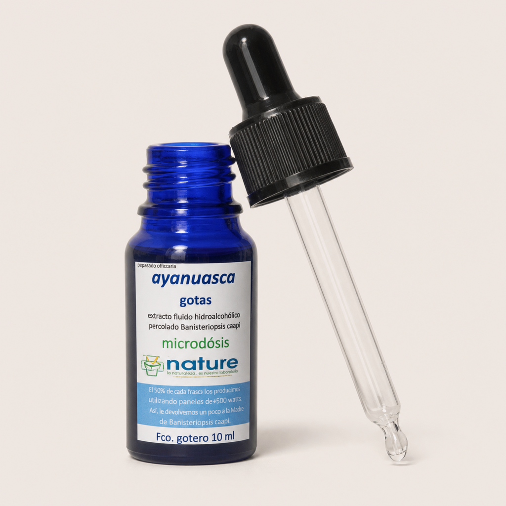 Ayahuasca gotas Fco.10ml — el envase abierto, con el gotero apoyado