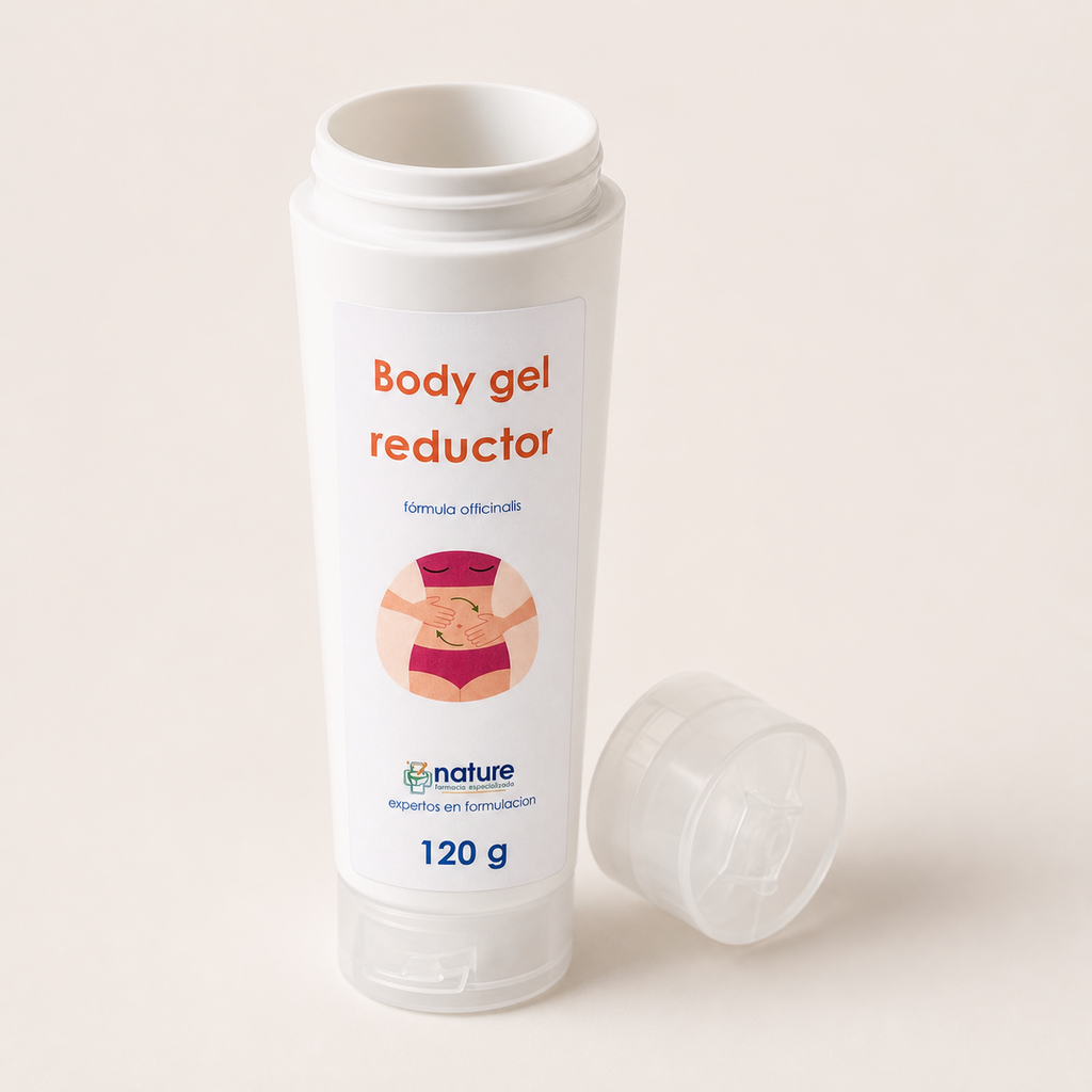 Body Gel Reductor — el envase abierto, con la tapa al costado