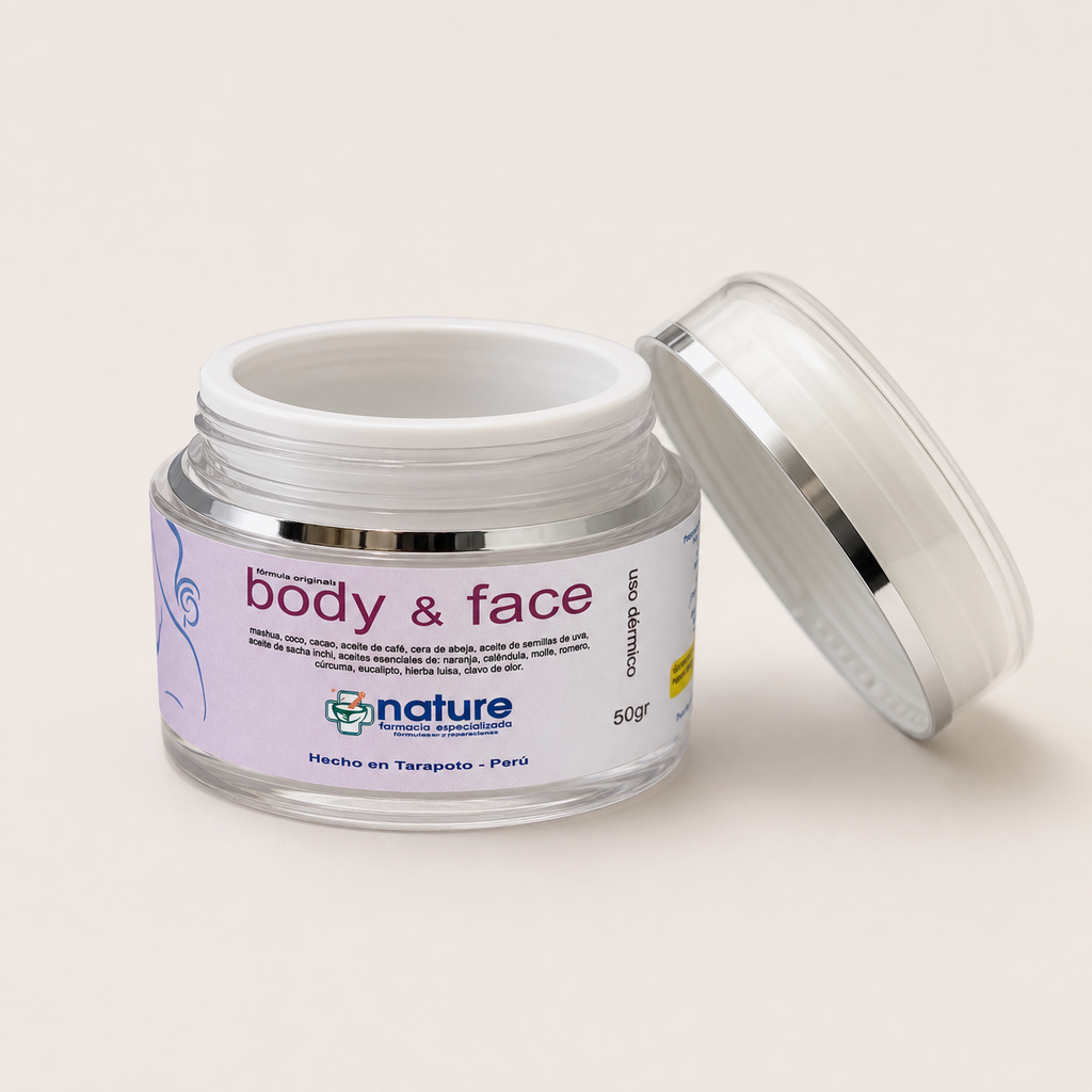 Body & Face – Copaíba, Coco y Cacao — el envase abierto, con la tapa al costado