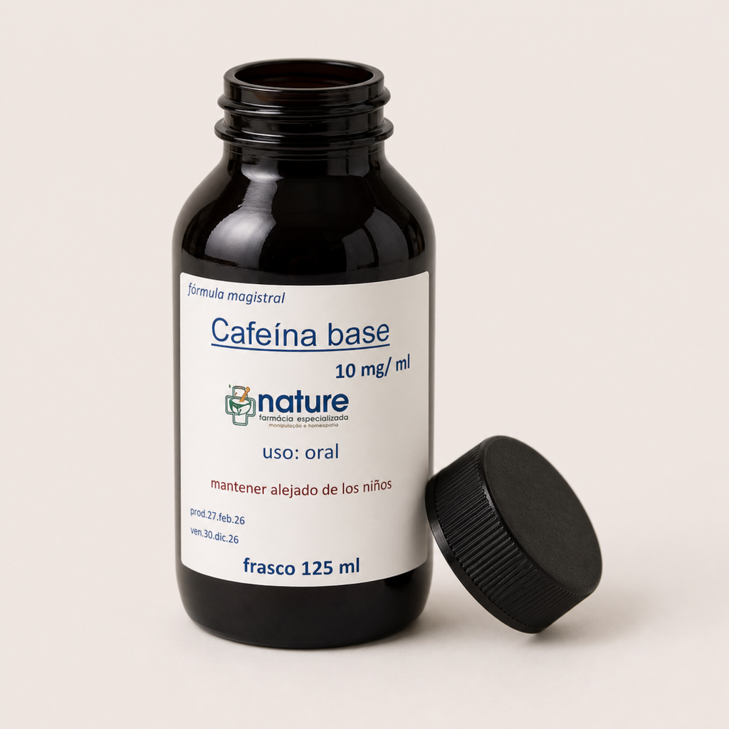 Cafeína base — el envase abierto, con la tapa al costado