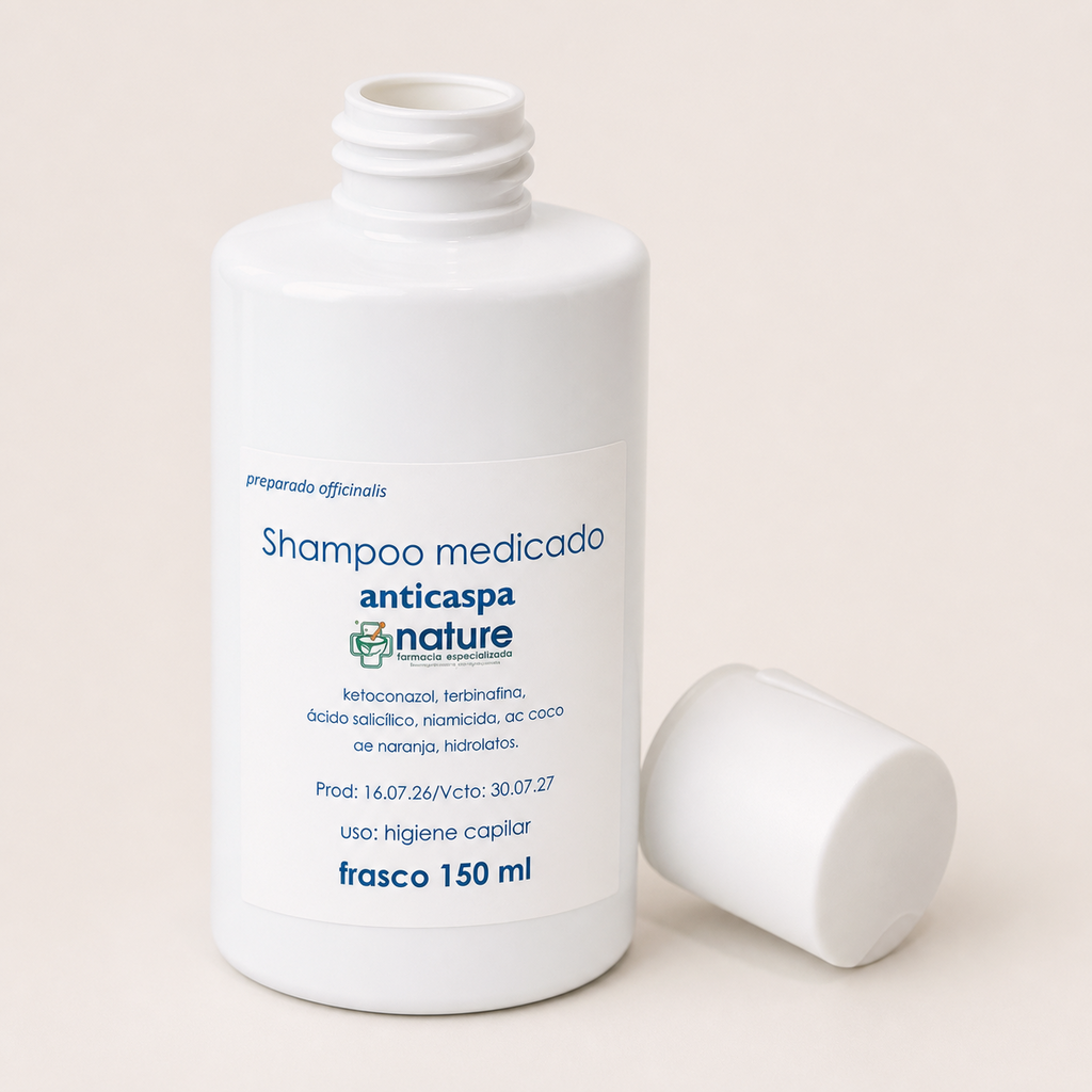 Champú Medicado — el envase abierto, con la tapa al costado