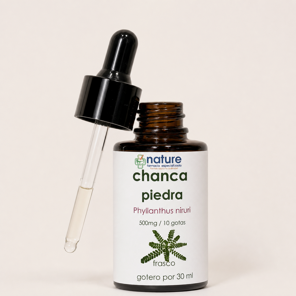 Chancapiedra gotas Fco.30ml — el envase abierto, con el gotero apoyado
