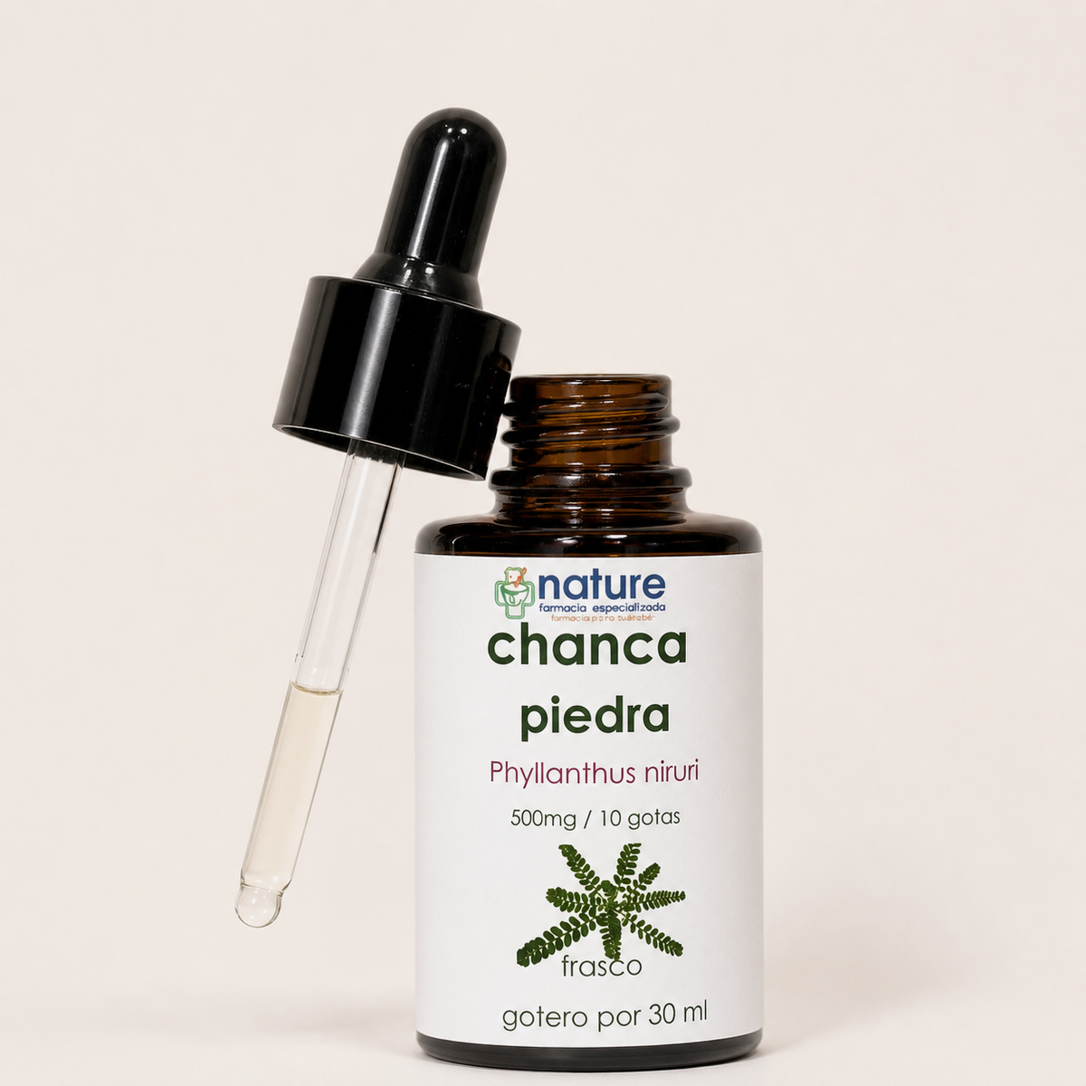 Chancapiedra gotas Fco.30ml — el envase abierto, con el gotero apoyado