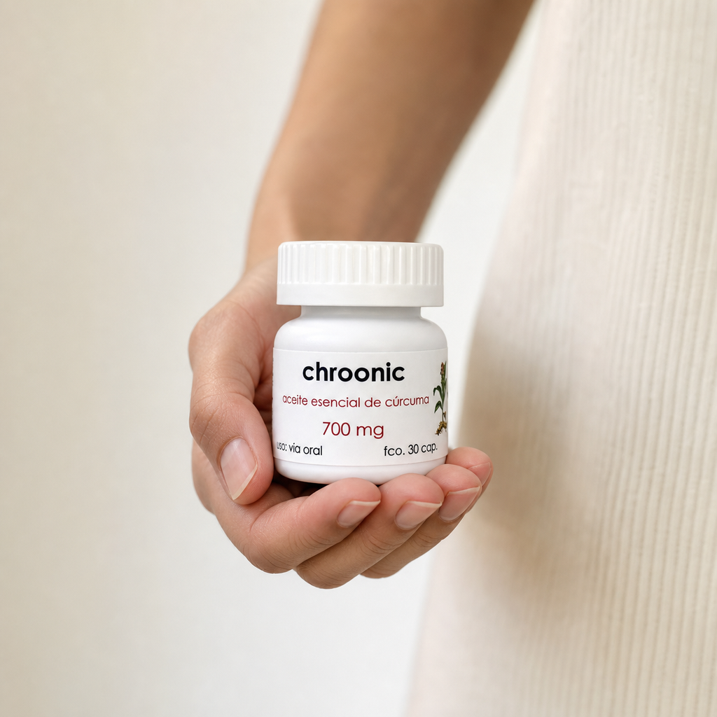 chroonic — el envase sostenido en una mano, para ver su tamaño real