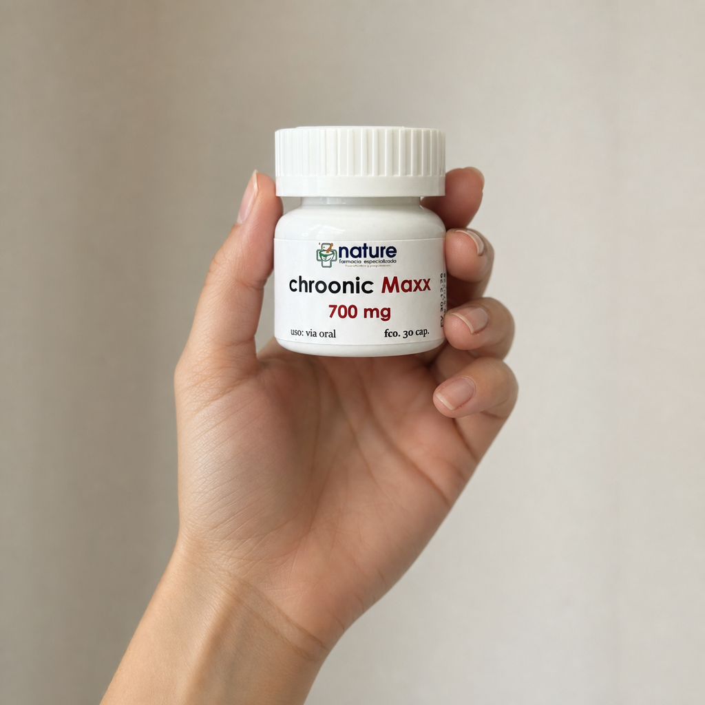 Chroonic Maxx — el envase sostenido en una mano, para ver su tamaño real