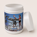 Colágeno hidrolizado en polvo — el envase abierto, con la tapa al costado