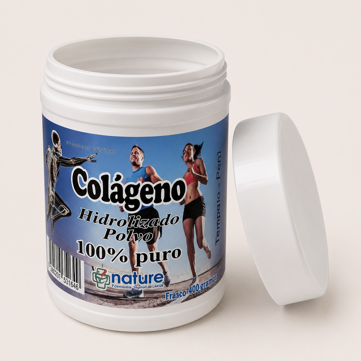 Colágeno hidrolizado en polvo — el envase abierto, con la tapa al costado