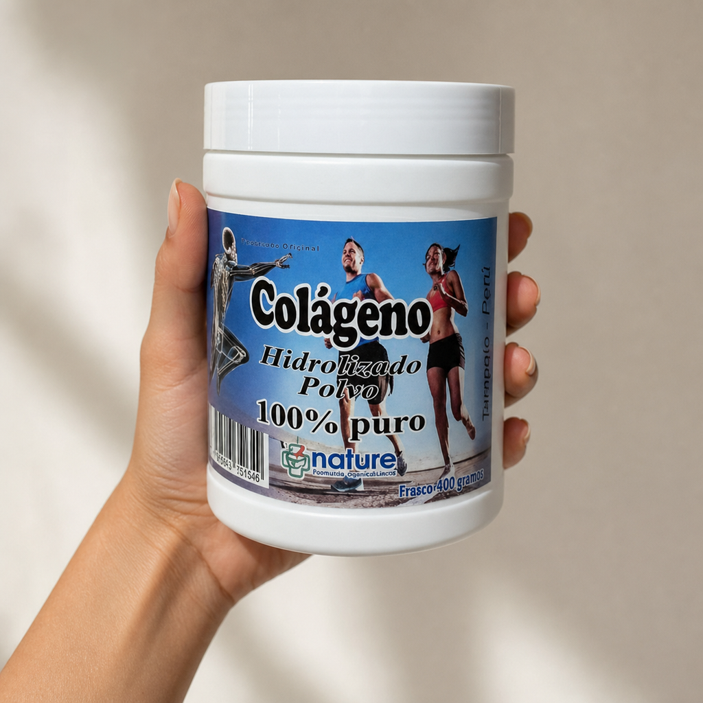 Colágeno hidrolizado en polvo — el envase sostenido en una mano, para ver su tamaño real