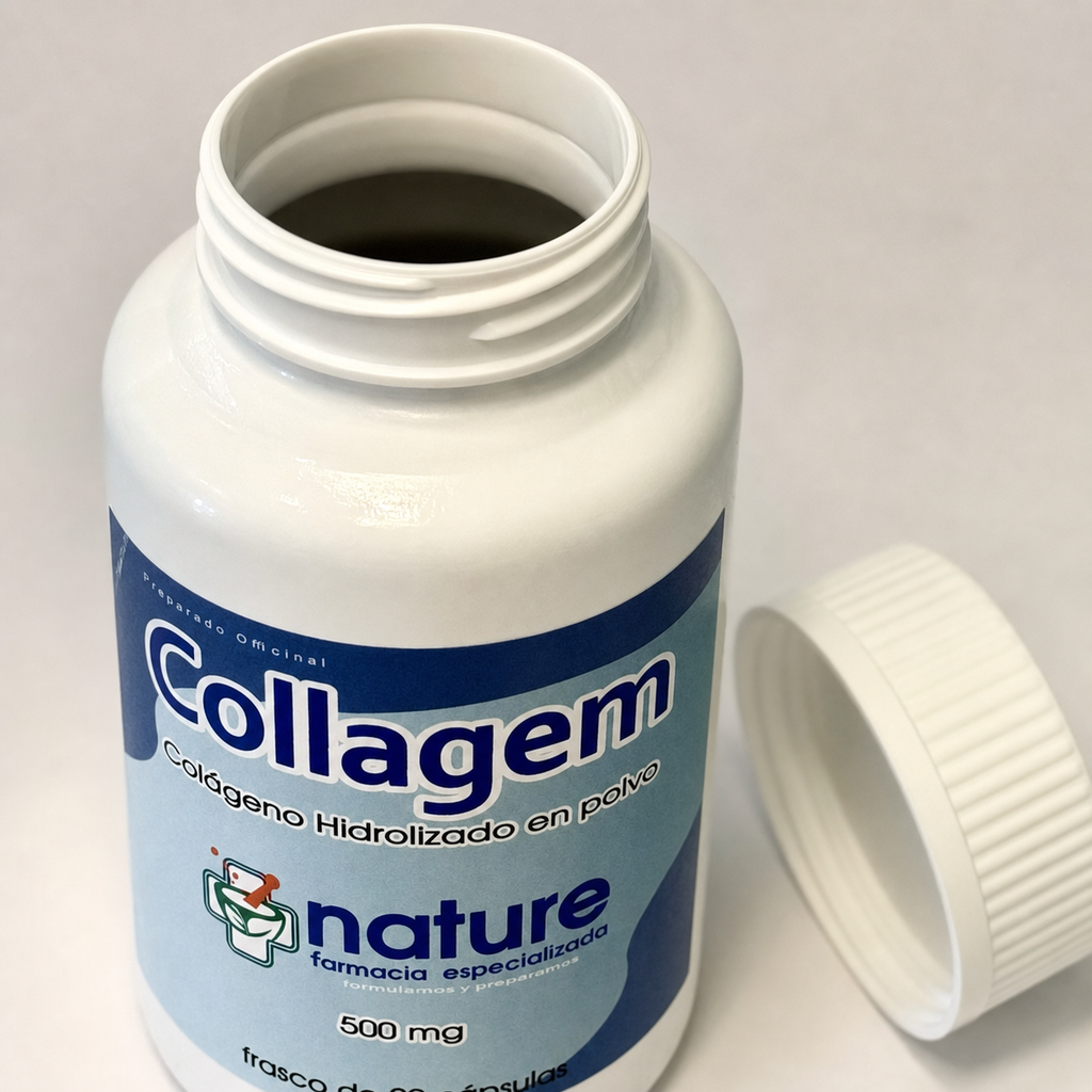 Collagem — detalle de la tapa a rosca y la boca ancha del frasco