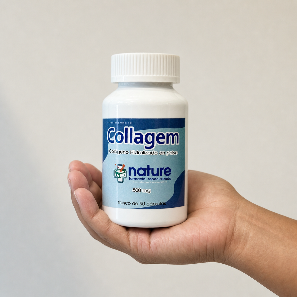 Collagem — el frasco sostenido en una mano, para ver su tamaño real