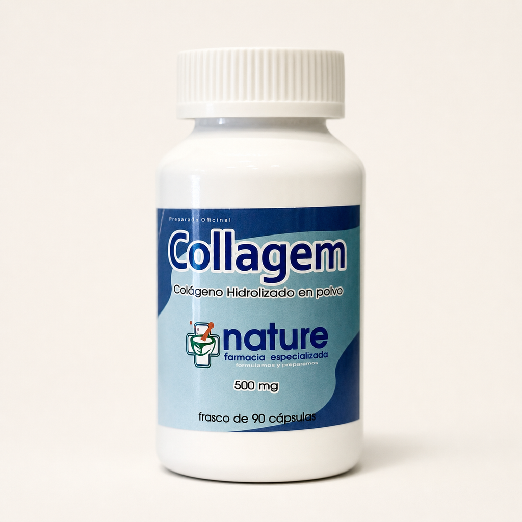 Collagem — frasco de 90 cápsulas, sobre fondo blanco
