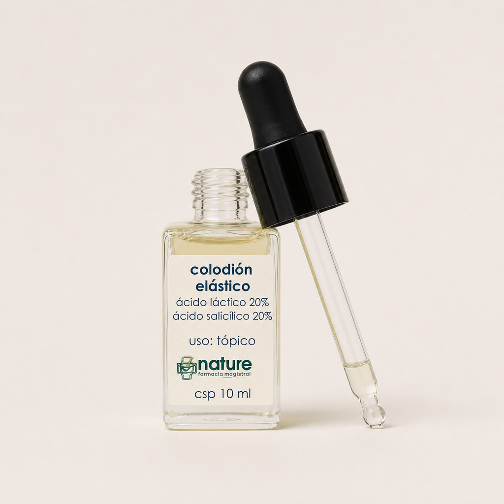 Colodión Elástico – Ácido láctico 20% + Ácido salicílico 20% — el envase abierto, con el gotero apoyado