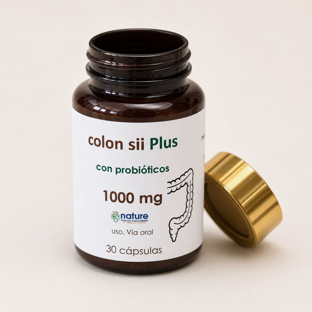 Colon sii Plus con Probióticos – 1000 mg — el envase abierto, con la tapa al costado