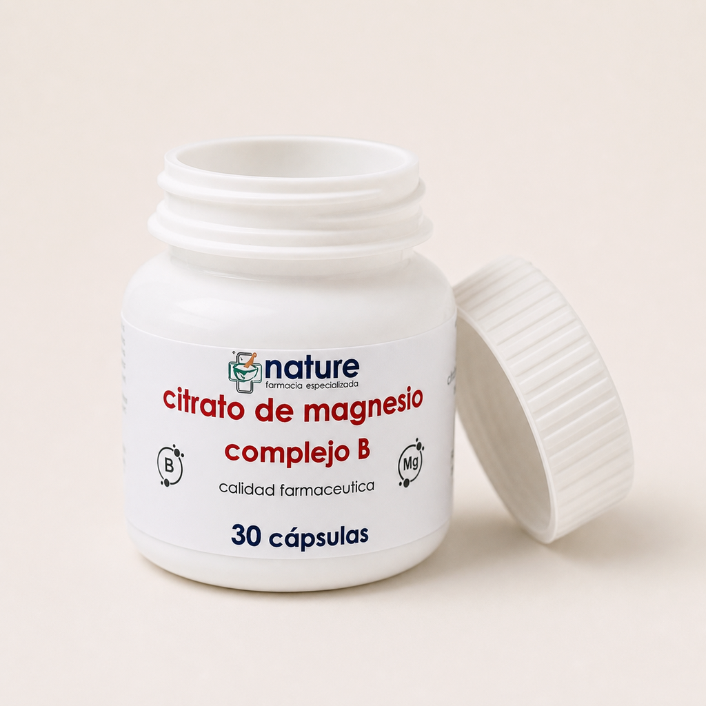 Complejo B + Citrato de Mg 300 mg — el envase abierto, con la tapa al costado