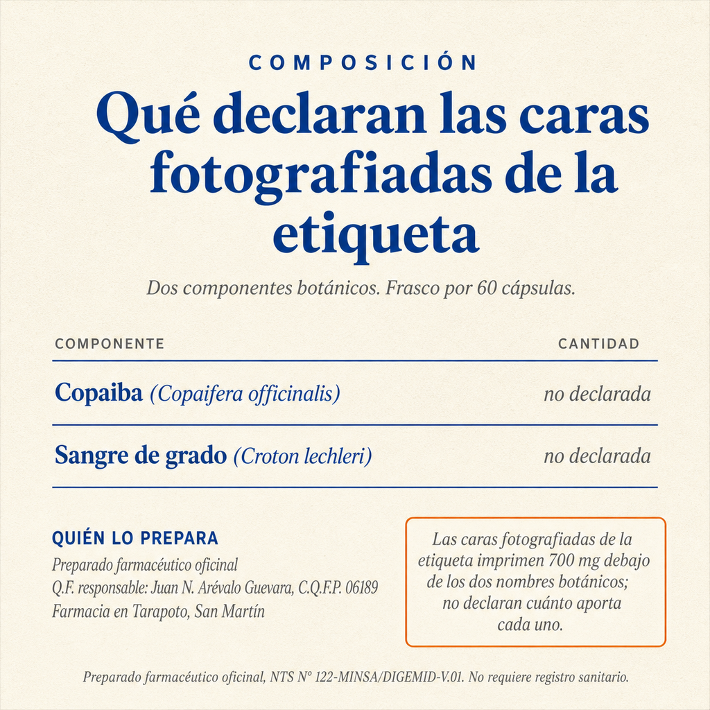 Copaiba + Sangre de Grado — composición: dos componentes botánicos, cantidad no declarada en las caras fotografiadas de la etiqueta