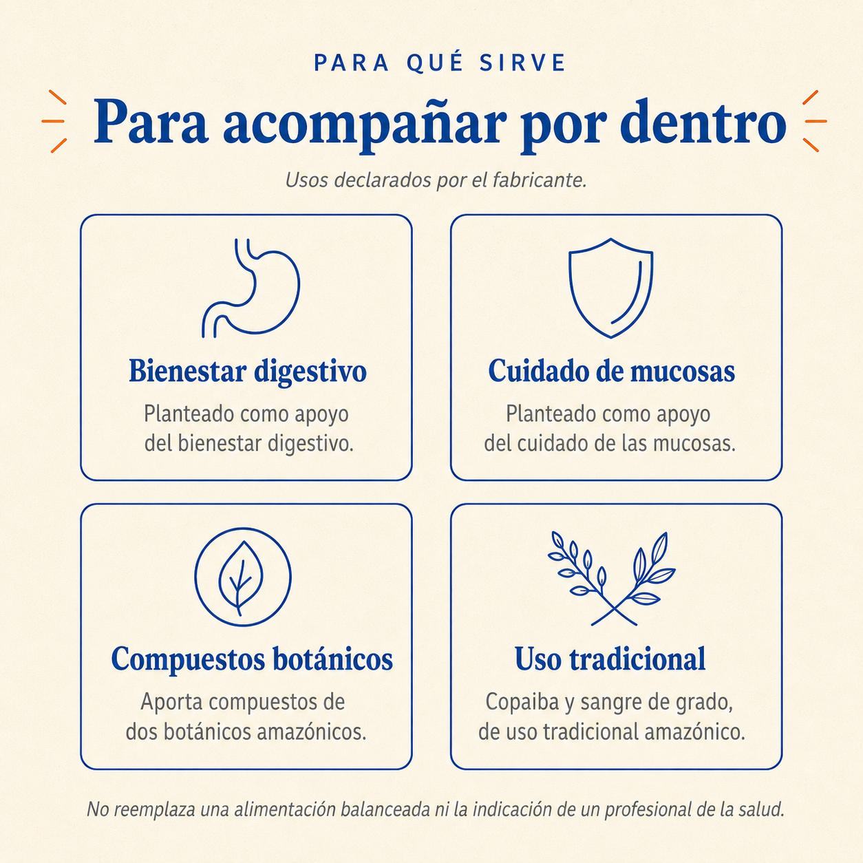 Copaiba + Sangre de Grado — usos declarados por el fabricante