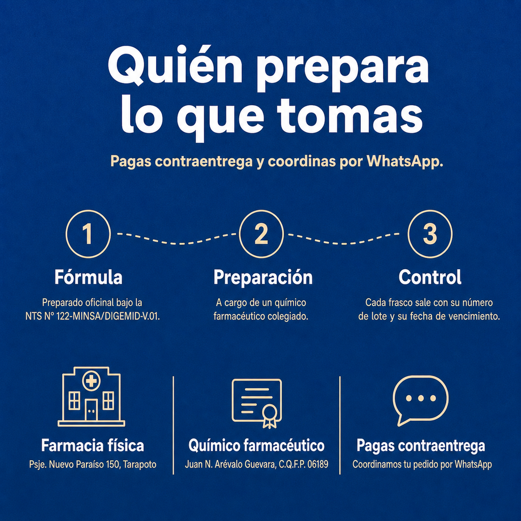 Copaiba + Sangre de Grado — quién lo prepara: preparado oficinal, químico farmacéutico colegiado, lote y vencimiento impresos
