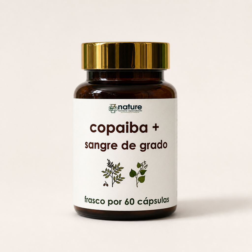 Copaiba + Sangre de Grado — frasco de vidrio ámbar por 60 cápsulas, sobre fondo blanco