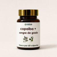 Copaiba + Sangre de Grado — frasco de vidrio ámbar por 60 cápsulas, sobre fondo blanco