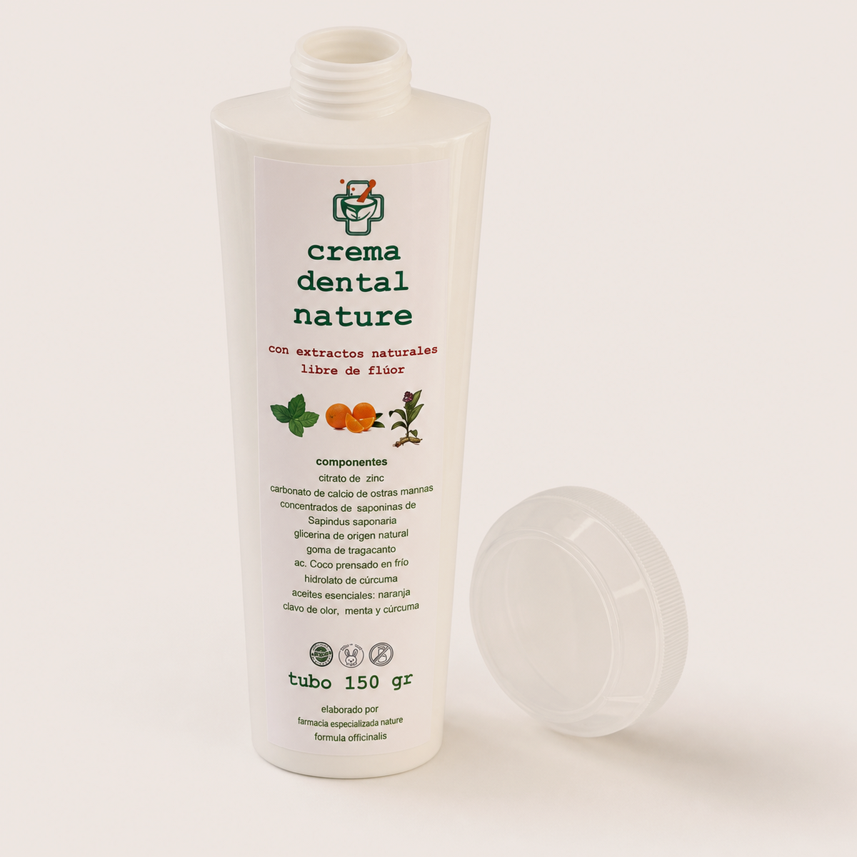 Crema Dental Nature — el envase abierto, con la tapa al costado