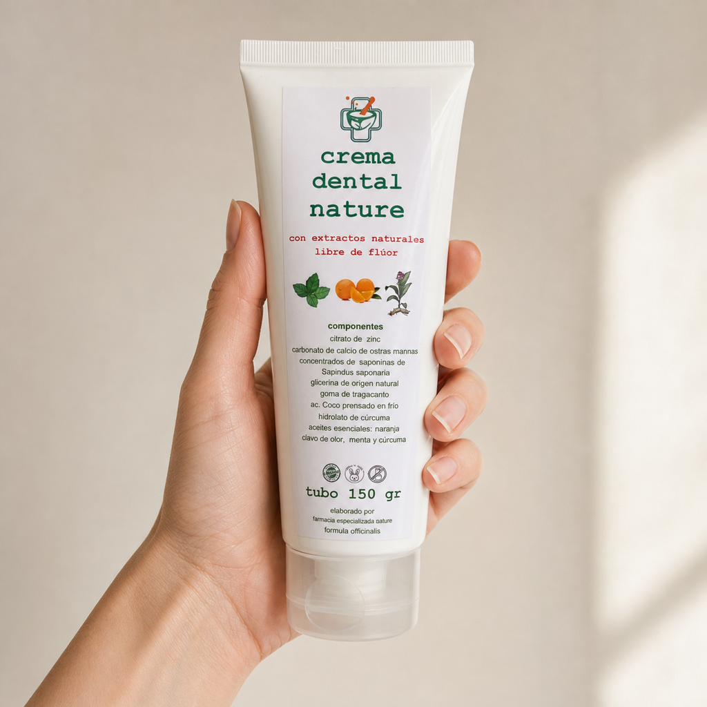 Crema Dental Nature — el envase sostenido en una mano, para ver su tamaño real