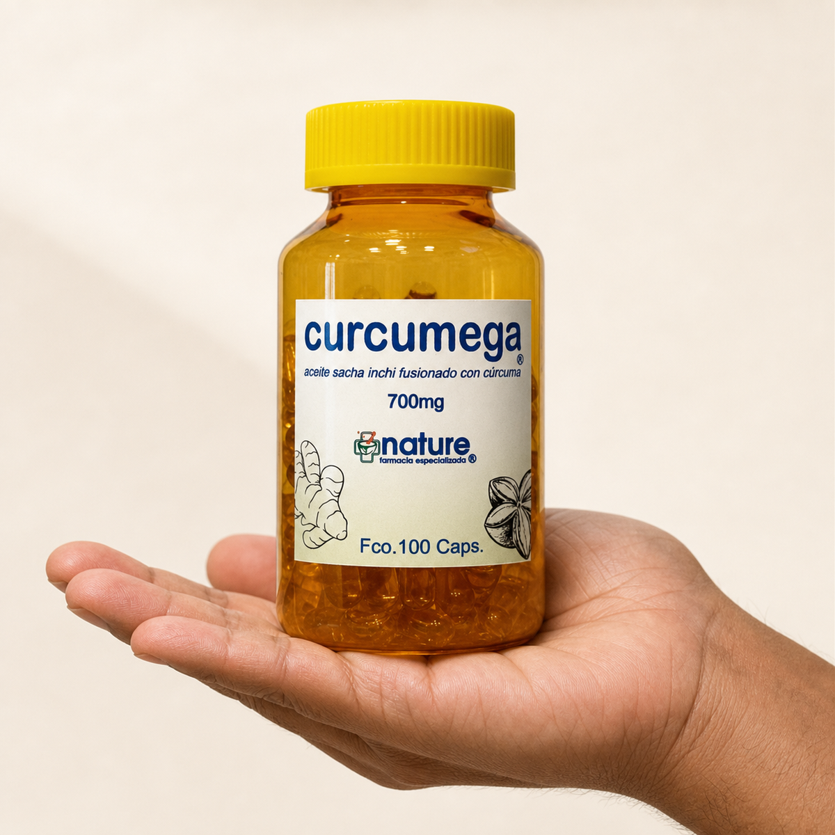 Curcumega — el frasco sostenido en una mano, para ver su tamaño real