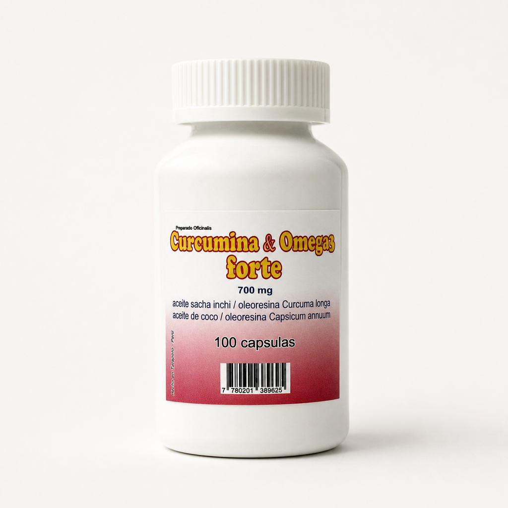 Curcumina & Omega3 forte — frasco de 100 cápsulas, sobre fondo blanco