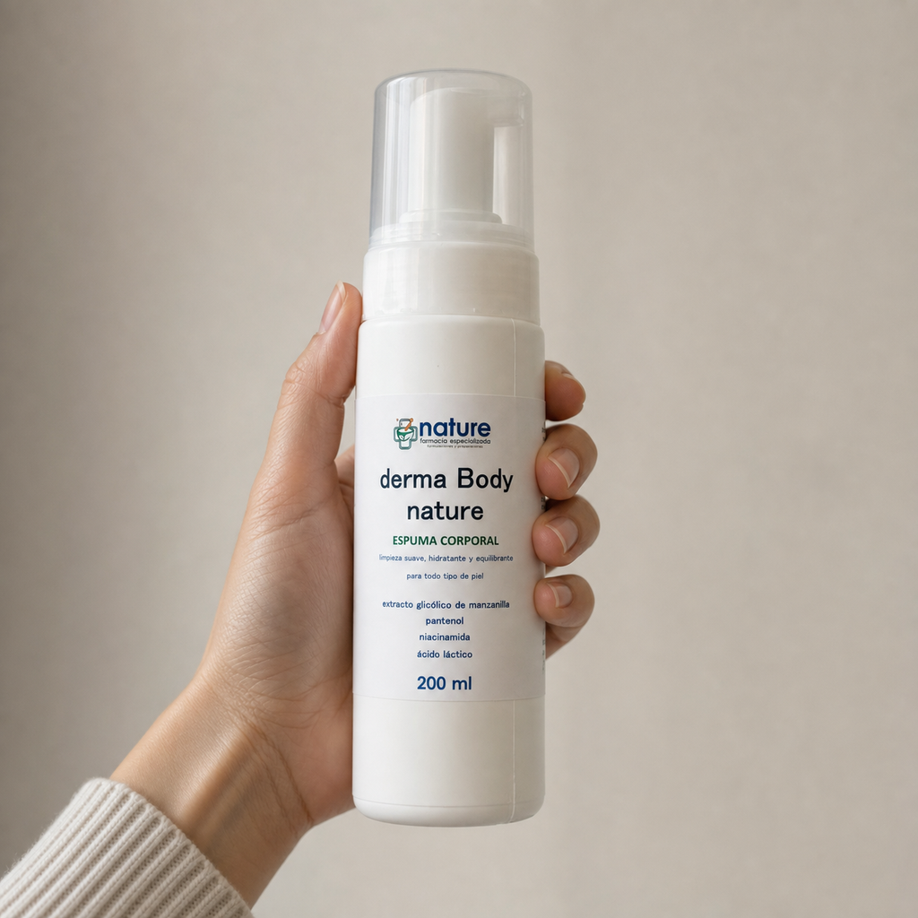 Derma Body Nature — el envase sostenido en una mano, para ver su tamaño real