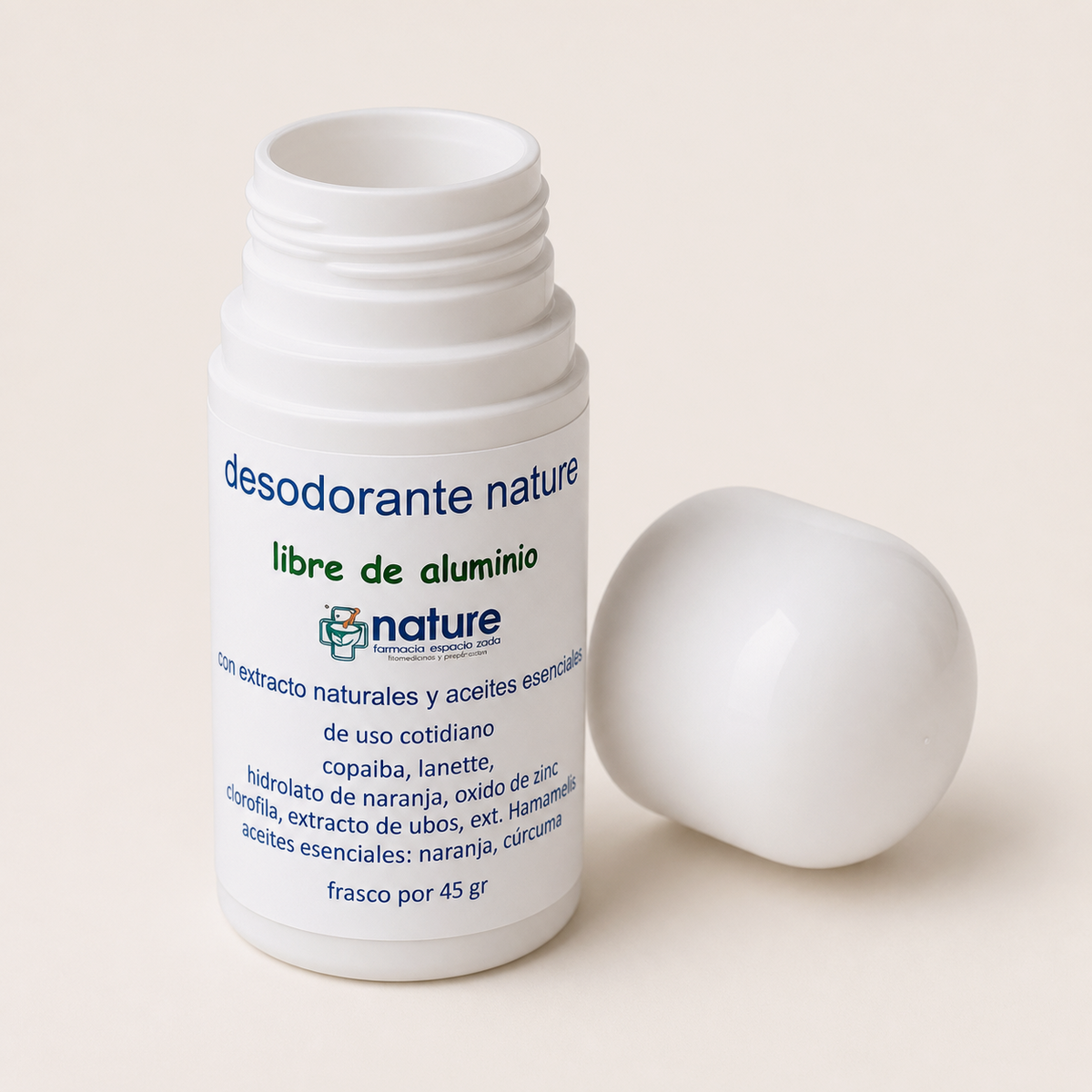Desodorante Nature – Roll-on — el envase abierto, con la tapa al costado