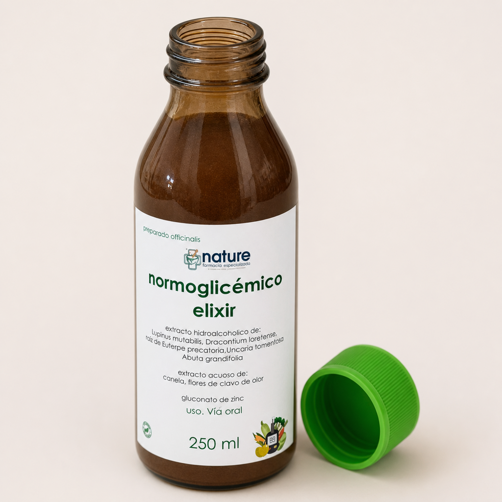 Elixir Normoglicémico — el envase abierto, con la tapa al costado