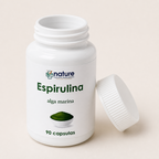 Espirulina – Arthrospira — el envase abierto, con la tapa al costado