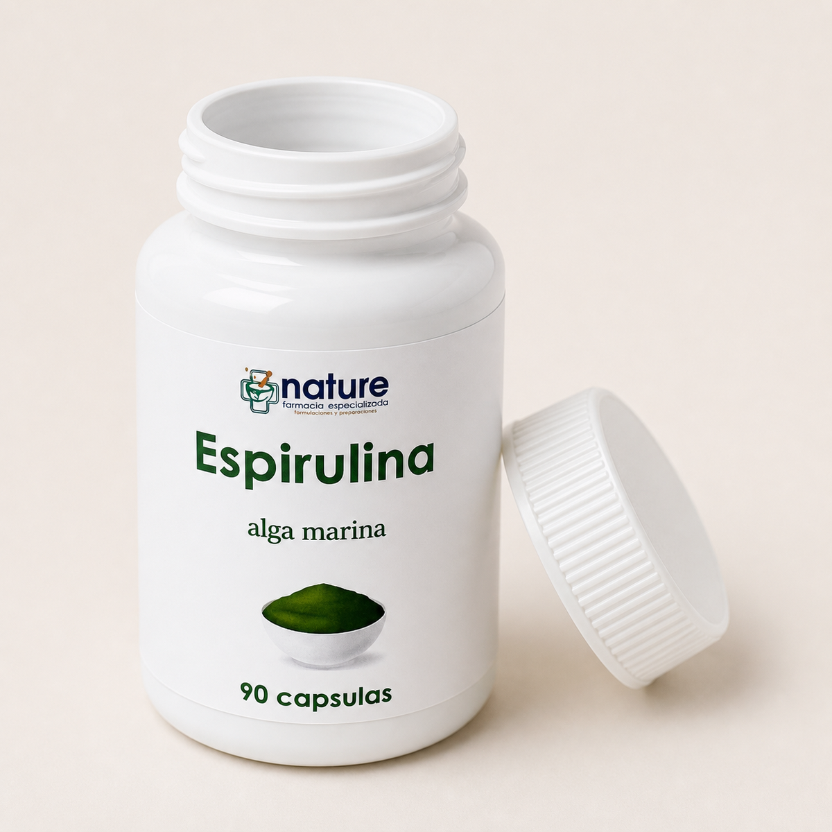Espirulina – Arthrospira — el envase abierto, con la tapa al costado