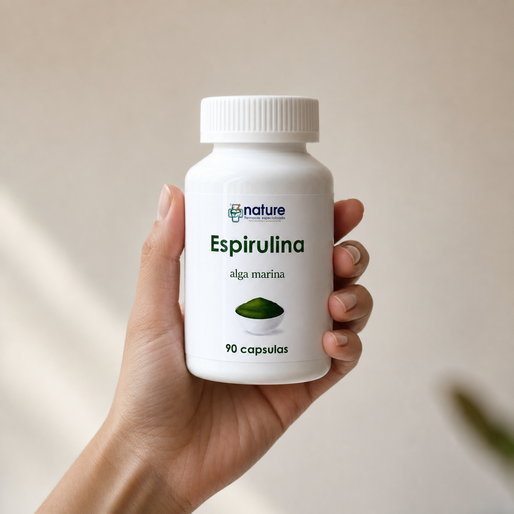 Espirulina – Arthrospira — el envase sostenido en una mano, para ver su tamaño real