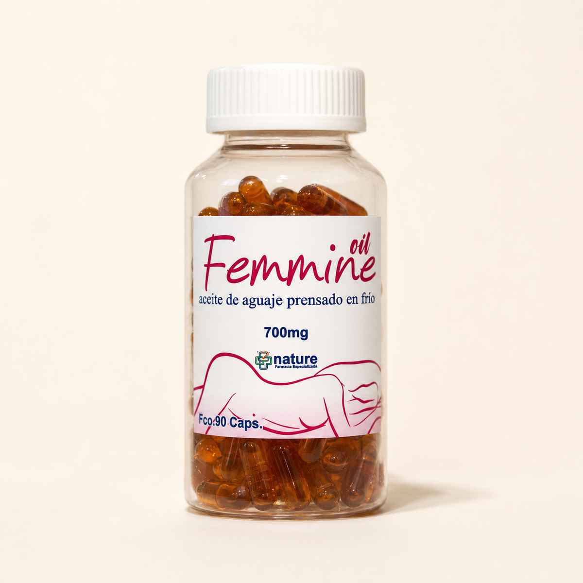 Femmine Oil — frasco de 90 cápsulas de aceite de aguaje, sobre fondo crema