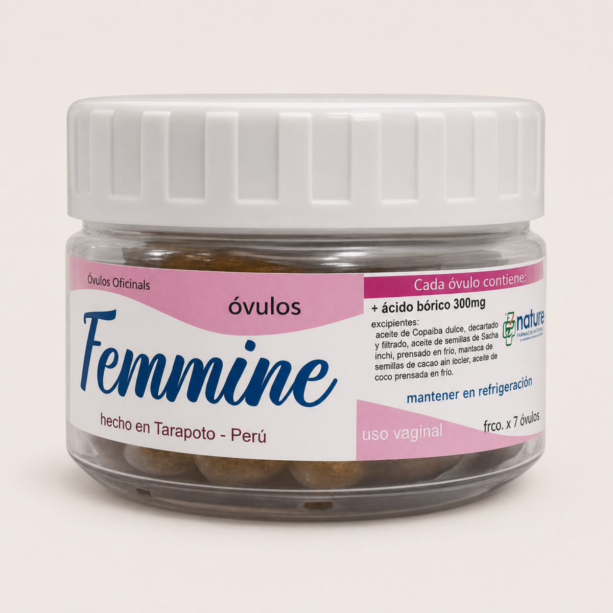 Femmine Óvulos — el frasco por 7 óvulos sobre fondo claro