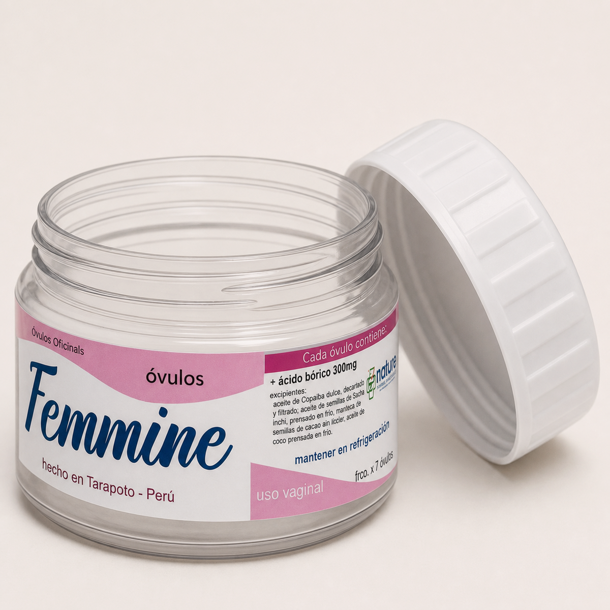 Femmine Óvulos — el envase abierto, con la tapa al costado