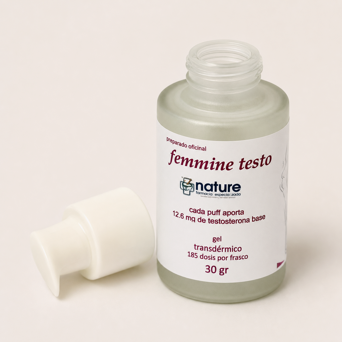 Femmine Testo — el envase abierto, con la tapa al costado