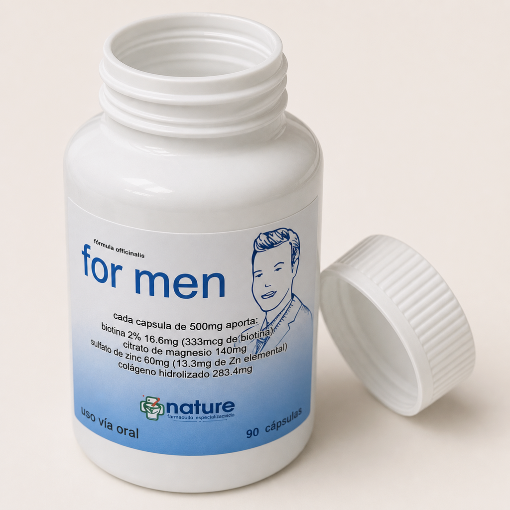 For men — el envase abierto, con la tapa al costado