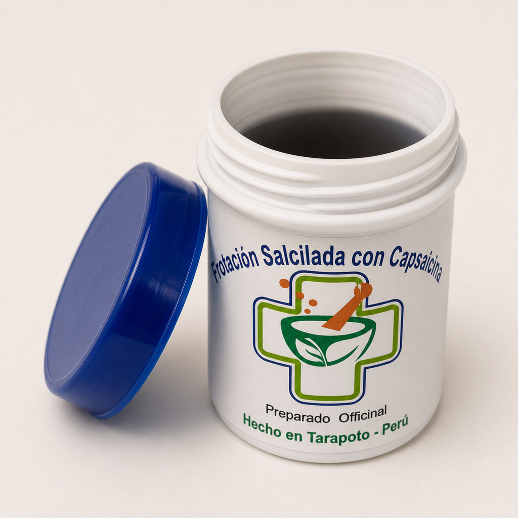 Frotación Salicilada Capsaicinia — el envase abierto, con la tapa al costado