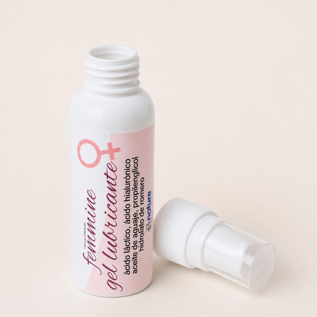 Gel Lubricante Femmine — el envase abierto, con la tapa al costado