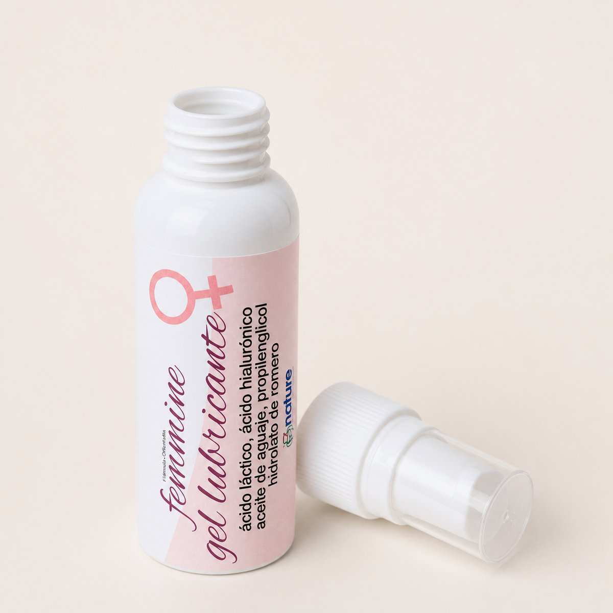 Gel Lubricante Femmine — el envase abierto, con la tapa al costado